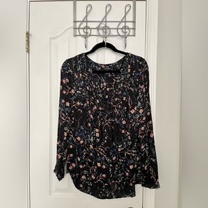 Lucky Brand Black Floral Long-Sleeve Blouse with Pink and Blue Flowers